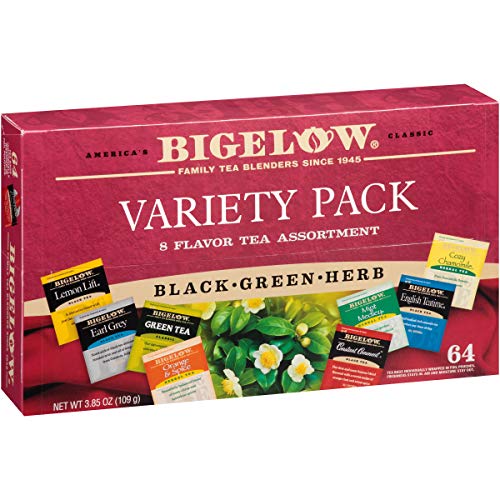Bigelow Tea Green Tea Assortment, 64 Count (Pack of 1) | Individually Wrapped Tea Bags with Classic, Decaffeinated, Mint, Peach, Constant Comment, Lemon, Mango, and Earl Grey Teas