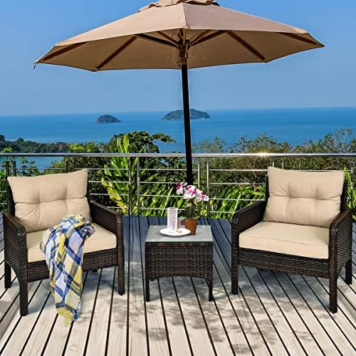 Tangkula 3 Piece Outdoor Patio Furniture Set, Wicker Chairs Set with Glass Top Coffee Table, Thick Cushions