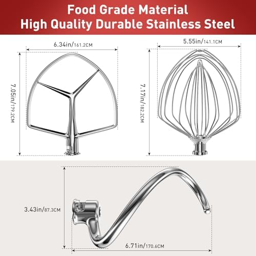 Stainless Steel Stand Mixer Attachments 3-Piece (4.5-5QT Flat Beater, 4.5-5QT Dough Hook, K45WW 6-Wire Whip Attachment) for KitchenAid Tilt-Head Stand Mixer and 4.5-5 Quart Bowl, Dishwasher Safe