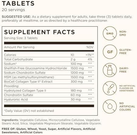 Solgar Glucosamine Hyaluronic Acid Chondroitin MSM, 60 Tablets | (Shellfish-Free), Joint Support & Comfort - Supports Active Lifestyles - Non-GMO, Gluten Free, Dairy Free - 20 Servings