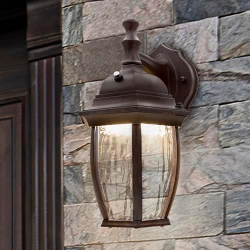 Maxxima LED Brown Outdoor Wall Light, 580 Lumens 3000K, Dusk to Dawn Sensor | Clear Water Glass, Warm White, Photocell Sensor, Exterior Patio or Porch Sconce Fixture