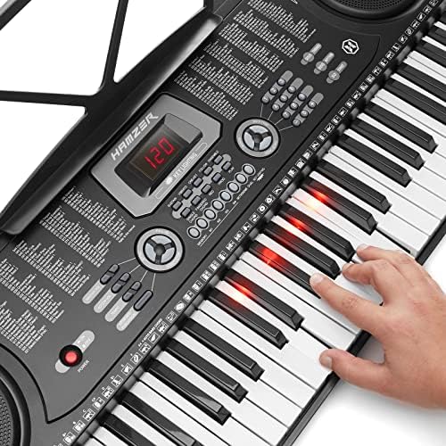 Hamzer 61 Key Keyboard Piano with Lighted Keys, Beginner Electronic Piano Keyboard Set with Stand, Bench, Headphones, Microphone, Keynote Stickers