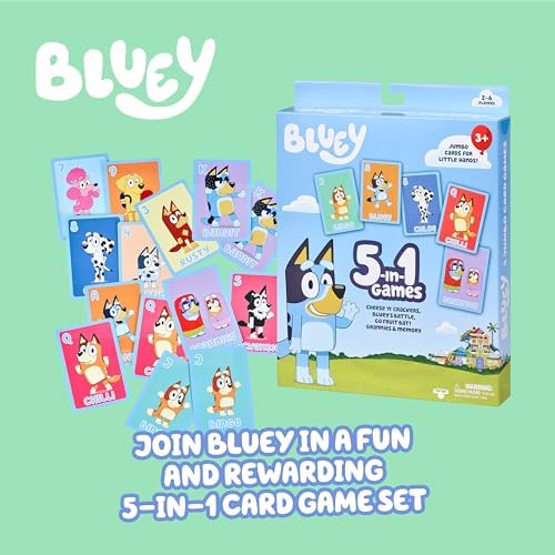 Moose 5-in-1 Bluey Card Game Set, Jumbo-Sized 53-Deck Toddler Game, Multi-Color Interactive Play Card Games for Kids of Ages 3+