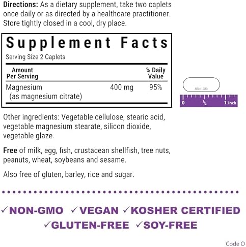 Bluebonnet Nutrition Magnesium Citrate, 400mg of Magnesium, Maximum Absorption, Supports Immune Health & Energy Production*, Soyfree, Gluten-Free, Non-GMO, Kosher, Dairy Free, Vegan, 120 Caplets | Supports Immune Health & Energy Production; Non-GMO, Vega…