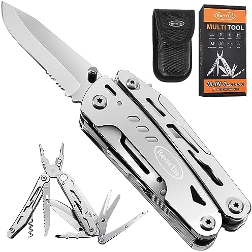 RoverTac 18-in-1 Multitool Pocket Knife with Pliers, Saw, Corkscrew & Detachable Scissors, Multi Tool with Safety Lock, 9 Screwdriver Bits