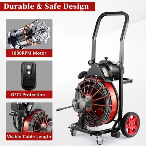 Drain Cleaner Machine, 100 ft x 1/2 in Sewer Auger for 1-4 in Pipes | 550W Motor with Auto-Feed Control, Air Foot Switch, GFCI Protection, 4 Cutters