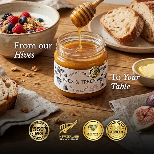Bees & Trees Manuka Honey 550+ MGO - Raw Pure New Zealand Monofloral, 380g | Natural, Unpasteurized, Minimally Processed Mānuka Honey for Your Daily Routine, Tea, Coffee & Smoothies