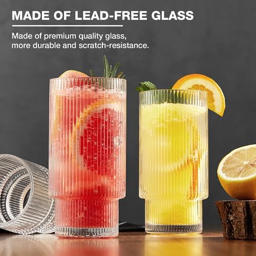 Qipecedm® 6 Pack Ribbed Drinking Glasses, 16 oz Vintage Glass Cups, Highball Glasses, Premium Iced Coffee Glasses, Clear Glass Tumbler