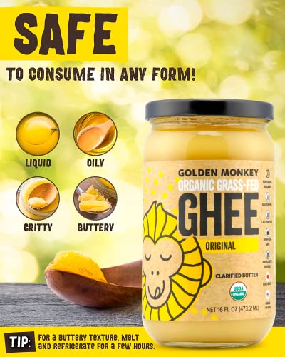 GOLDEN MONKEY Organic Ghee Butter – Grass Fed Clarified Butter for Cooking, Baking