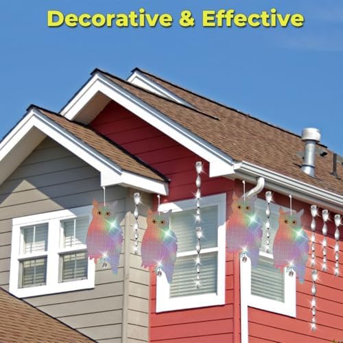 Dyvicl Fake Owl Hanging Reflective Owl for Woodpecker Deterrent 4 Pack, Bonus 6 Reflective Scare Spiral Rods
