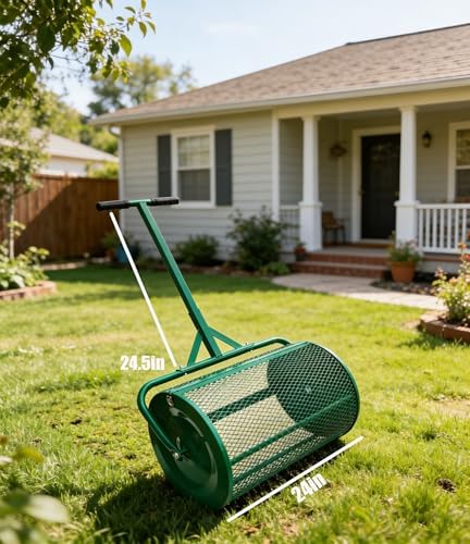 Compost Spreader, 24 Inch Compost and Peat Moss Spreader Roller with T Shaped Handle, Powder-Coated Steel Garden Peat Moss Roller