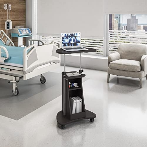 Techni Mobili Adjustable Height Rolling Laptop Cart with Storage, Graphite | Adjustable height rolling laptop cart with storage drawer, open shelf, wheels, sit‑stand design for office or medical use