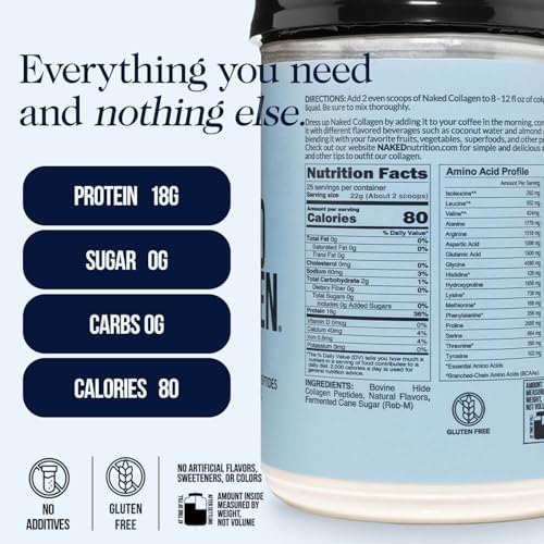 NAKED Collagen Peptides Protein Powder, 60 Servings, Pasture-Raised, Unflavored Grass-Fed Hydrolyzed Collagen Supplement, NSF Certified, Paleo Friendly, Non-GMO, Keto, Gluten Free, 20oz