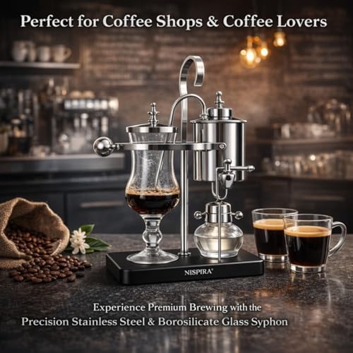 Nispira Belgian Balance Syphon Vacuum Coffee Maker, 500 ml Vintage Gravity Brewing System, Silver Finish, Manual Tabletop Coffee Brewer