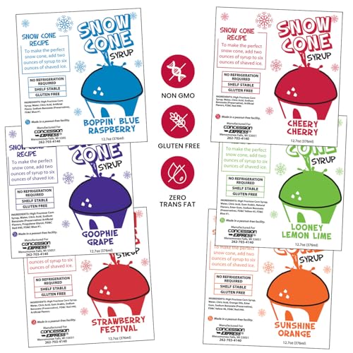 12.7oz Snow Cone Syrups (6 Pack w/Cups and Straws)
