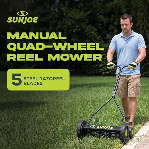 Sun Joe Manual Push Reel Lawn Mower with 6.6-Gal Grass Catcher, 16-Inch Cutting Width - Heavy-Duty Yard Trimmer Machine for Gardening Care and Maintenance, MJ500M