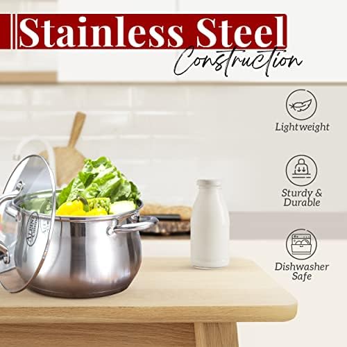Alpine Cuisine 2-Quart Stainless Steel Dutch Oven with Tempered Glass Lid, Belly Shape, Heavy Duty & Dishwasher Safe