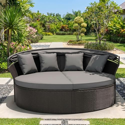 Outdoor Patio Furniture Canopy Daybed Round Sofas, 4 Pieces Seating Separates Cushioned Seats, Black Wicker, Lawn Poolside Garden, Grey