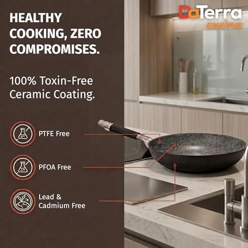 DaTerra Cucina - Ceramic Frying Pan, Induction & Oven, Made In Italy, 9.5" | Made in Italy, Induction Compatible, Oven-Safe up to 450°F, PFAS-free, Ergonomic Handle, Easy Cleanup, Even Heating