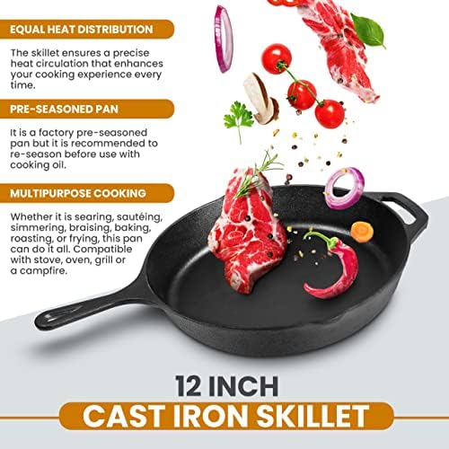 Utopia Kitchen Cast Iron Skillet 12 Inch with Lid Chefs Frying Pan Black | Chefs Pan, Pre Seasoned Skiller, Indoor and Outdoor Use, Grill Safe Cookware, Even Heat Distribution, Durable