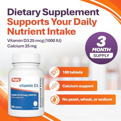 Rugby Vitamin D3, 25 mcg (1,000 IU) Dietary Supplement, 100 Count (1-Pack)