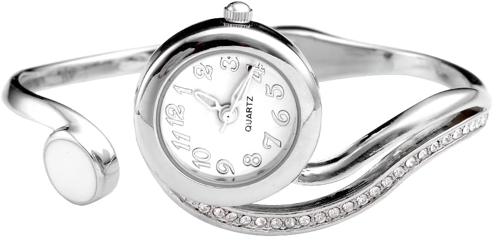 Top Plaza Women Casual Elegant Silver Tone Small Dial Bangle Cuff Bracelet Dress Analog Quartz Watch 6 Inches