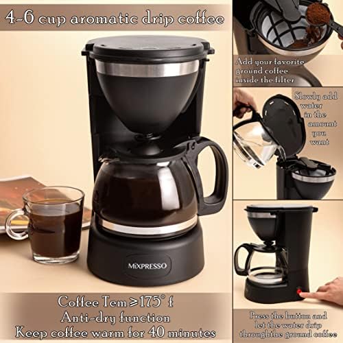 Mixpresso 5 Cup Drip Coffee Maker, Coffee Pot with Reusable Filter, Black | Glass Carafe Coffee Machine with Auto-Off, Anti-Drip, Water Window and Easy On/Off Switch for Convenient Everyday Brewing