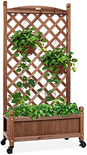 Best Choice Products Set of 2 48in Wood Planter Box & Diamond Lattice Trellis, Mobile Outdoor Raised Garden Bed for Climbing Plants w/Drainage Holes