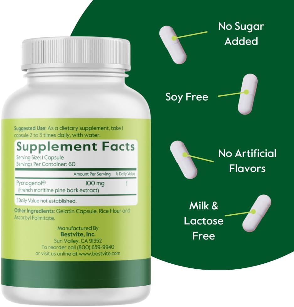 BESTVITE Pycnogenol 100mg (60 Caps) - French Maritime Pine Bark Extract | No Stearates - Gluten Free - Non GMO - Scientifically Studied - Healthy Aging Supplement* - Easy to Swallow Caps