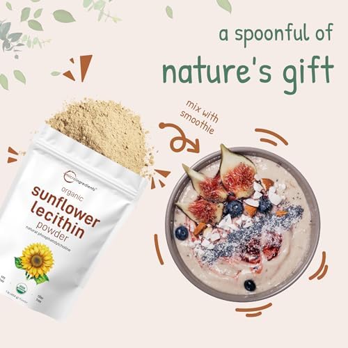 Organic Sunflower Lecithin Powder, 1 Pound, Sustainable Farmed, Cold Pressed, Rich in Phosphatidyl Choline and Protein, Making Liposomal Vitamin C