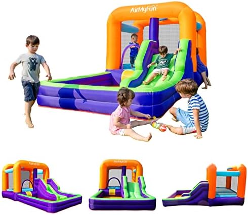 AirMyFun Inflatable Bounce House, Obstacles Bouncer & Slide with Air Blower (Purple Style)