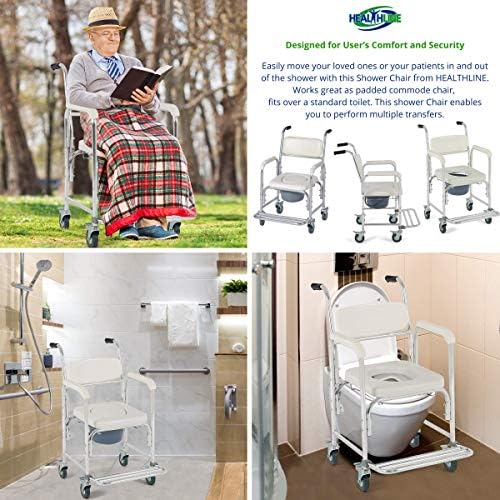 HEALTHLINE Shower Bedside Commode Chair Padded Seat With Wheels by Healthline