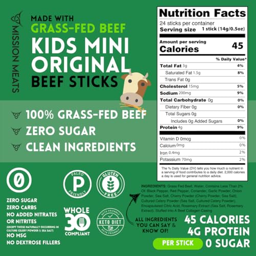 Mission Meats Kids Beef Sticks, Zero Sugar, Healthy Mini Snacks 0.5oz, 24ct | Healthy Back-to-School Snack, Great for Lunches & Sports, Top 9 Allergen Free, Individually Wrapped, Kid-Loved & Not Spicy