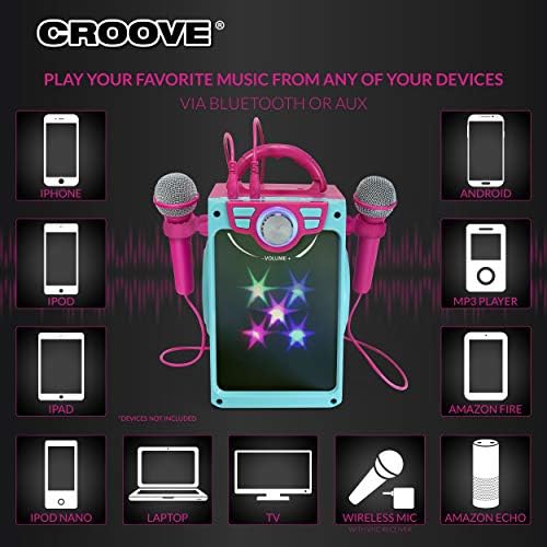 Rechargeable Pink Karaoke Machine, 2 Microphones, Bluetooth, Girls Ages 8+