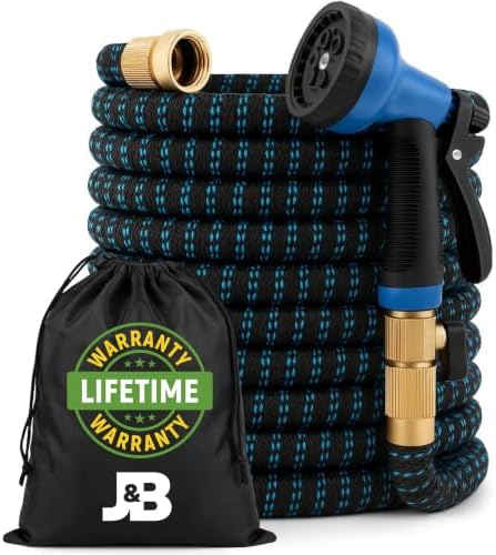 J&B XpandaHose 75ft Expandable Garden Hose, Lightweight, Brass Connectors | Ultra Strong 3750D fabric, 4-layer latex core, expands 3X, kink & leak-resistant, 10-pattern nozzle, storage bag