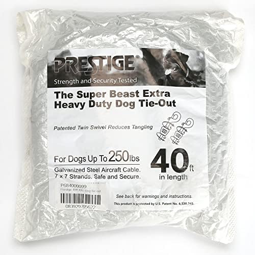 Boss Pet Products Prestige Super Beast XXL 40 Foot Heavy Duty Dog Tie Out Leash with Vinyl Coated Cable and Twin Swivel Snaps for Dogs Up to 250