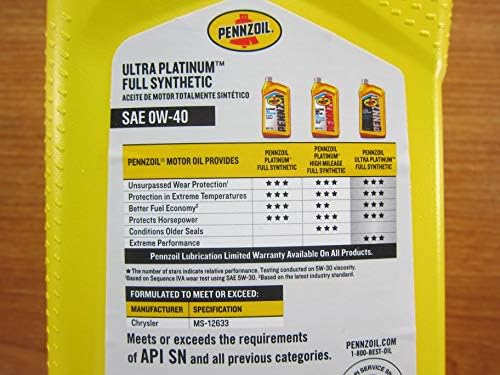 Mopar Chrysler Dodge Jeep Penzoil Ultra Platinum Full Synthetic 0W-40 6 Qts.