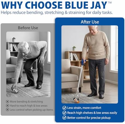 Blue Jay 30 Inch Reacher Grabber Tool with Rubber Suction Cups, Lightweight Long Arm Trash Picker Upper, Multipurpose Extending Reach Assist Stick, Mobility Aid for Seniors and Adults