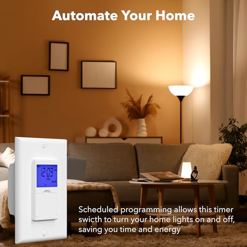 BN-LINK 7 Day Programmable in-Wall Digital Timer Switch for Lights, Fans | 18 ON/OFF Programs, Random/DST Mode, Single Pole or 3 Way Light Switch Timer, 15A/1875W, Neutral Required, No Backlight, ETL