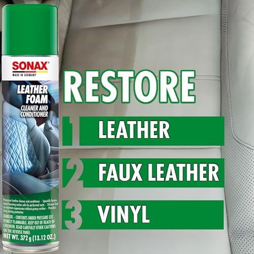 SONAX Leather Foam 289300 | 2 in 1 Aerosol Leather Cleaner and Conditioner | Safe to Use on Perforated Air Conditioned/Heated Seats | UV Protection
