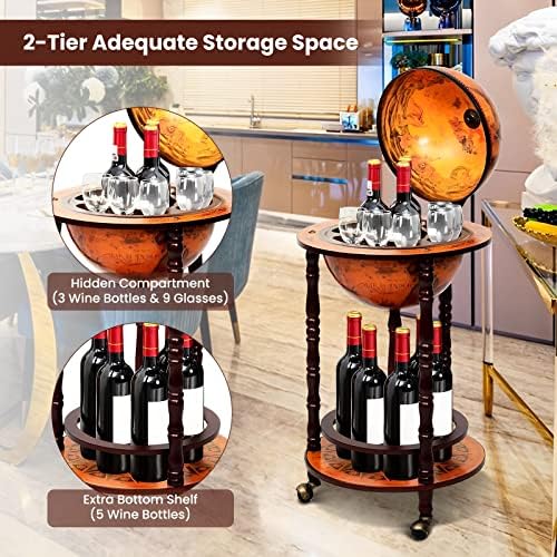 COSTWAY Globe Wine Bar Cabinet, Italian Replica Bar Cart with Wheels and Liquor Bottle Shelf, Solid Wood Wine Bar Stand for Home, Kitchen, Bar