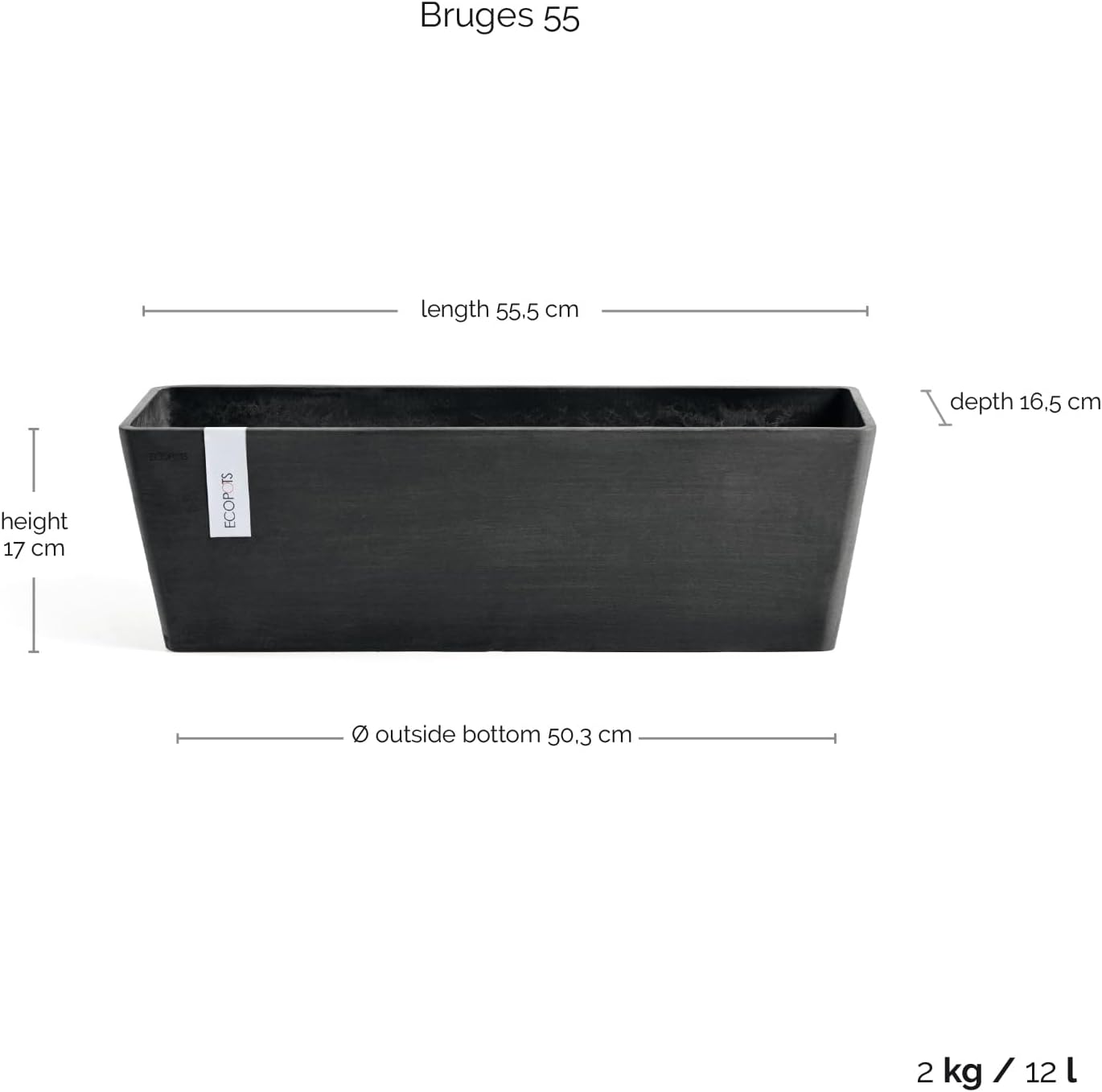 Ecopots Bruges Rectangular Flower Planter, Grey, 21.5" | Modern Style, Durable Recycled-Based Composite Construction, Weather and UV-Resistant, for Indoor/Outdoor Use