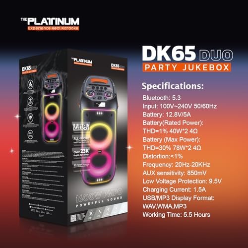 The platiunm DK65 Party Speaker Karaoke Systems for Adults with 2 Wireless Microphone, Bass and Treble Adjustment, with LED Lights, 23K Songs
