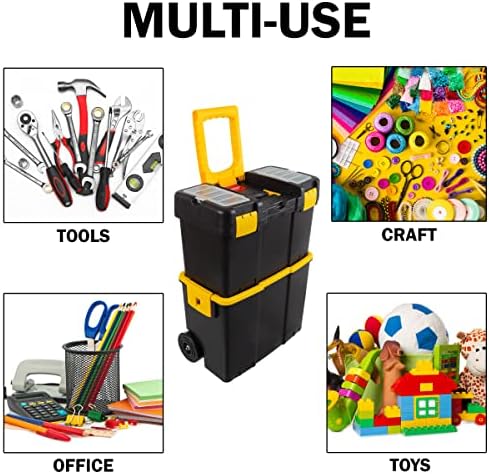 Portable Tool Box on Wheels - Stackable 3-in-1 Chest for Workshops and Craft Rooms - Foldable Comfort Handle and Latches by Stalwart (Black/Yellow)