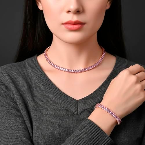2 Piece Set Pink Cubic Zirconia Chocker Necklace 17"Bracelet 7.5In