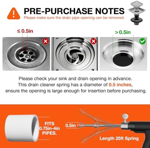 25ft Drain Auger Heavy Duty, Professional Plumbing Snake with Drill Adapter, Manual & Powered Clog Remover for Kitchen, Bathroom, Shower Sink & Bathtub, Flexible Pipe Snake Cleaner with Gloves