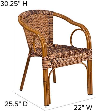 EMMA + OLIVER Brown Rattan Patio Chair with Dark Red Bamboo | Durable Construction, Commercial Use