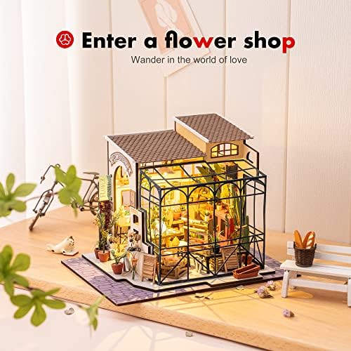 ROBOTIME DIY Miniature House Kit Mini Green House Tiny Dollhouse Wooden Furniture Kit with LED Halloween/Christmas/Birthday Gifts for Adults (Cathy's Greenhouse)