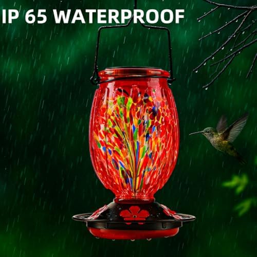 Solar Hummingbird Feeder for Outdoors Hanging Patio Designed 32 Ounces Colorful Hand Blown Glass Hummingbird Feeder 5 Feeding Ports with Perch Never