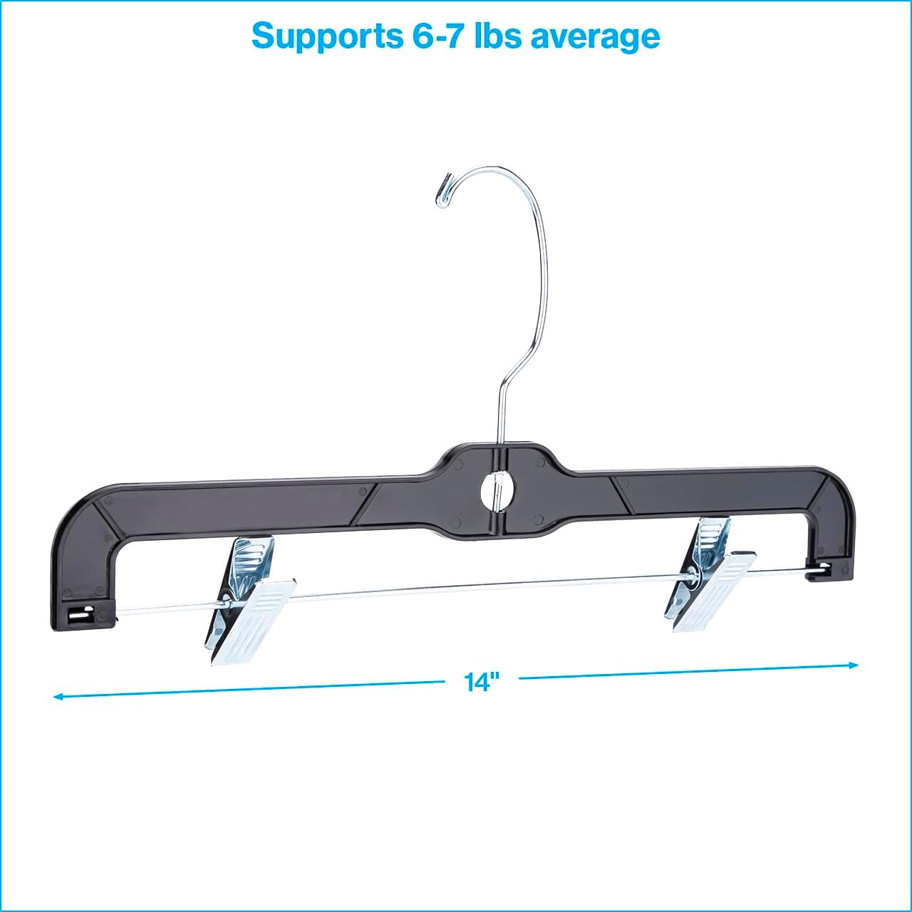 14-Inch Black Plastic Skirt and Pants Hangers - Pack of 20 with Chrome Swivel Hook, Padded Clips - Perfect for Retail and Home Use